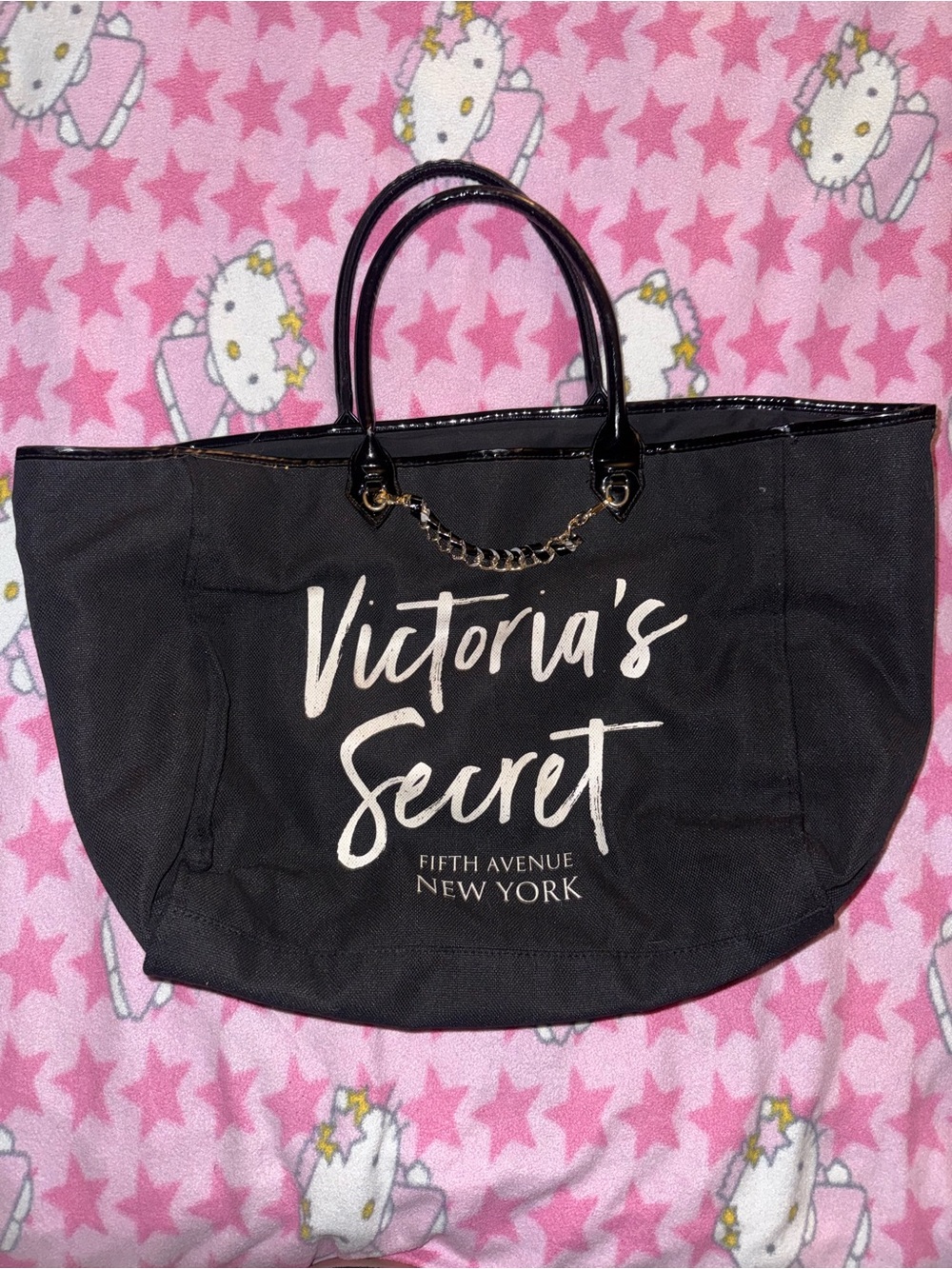 Victoria's Secret Black Canvas Tote with Gold Chain Accent